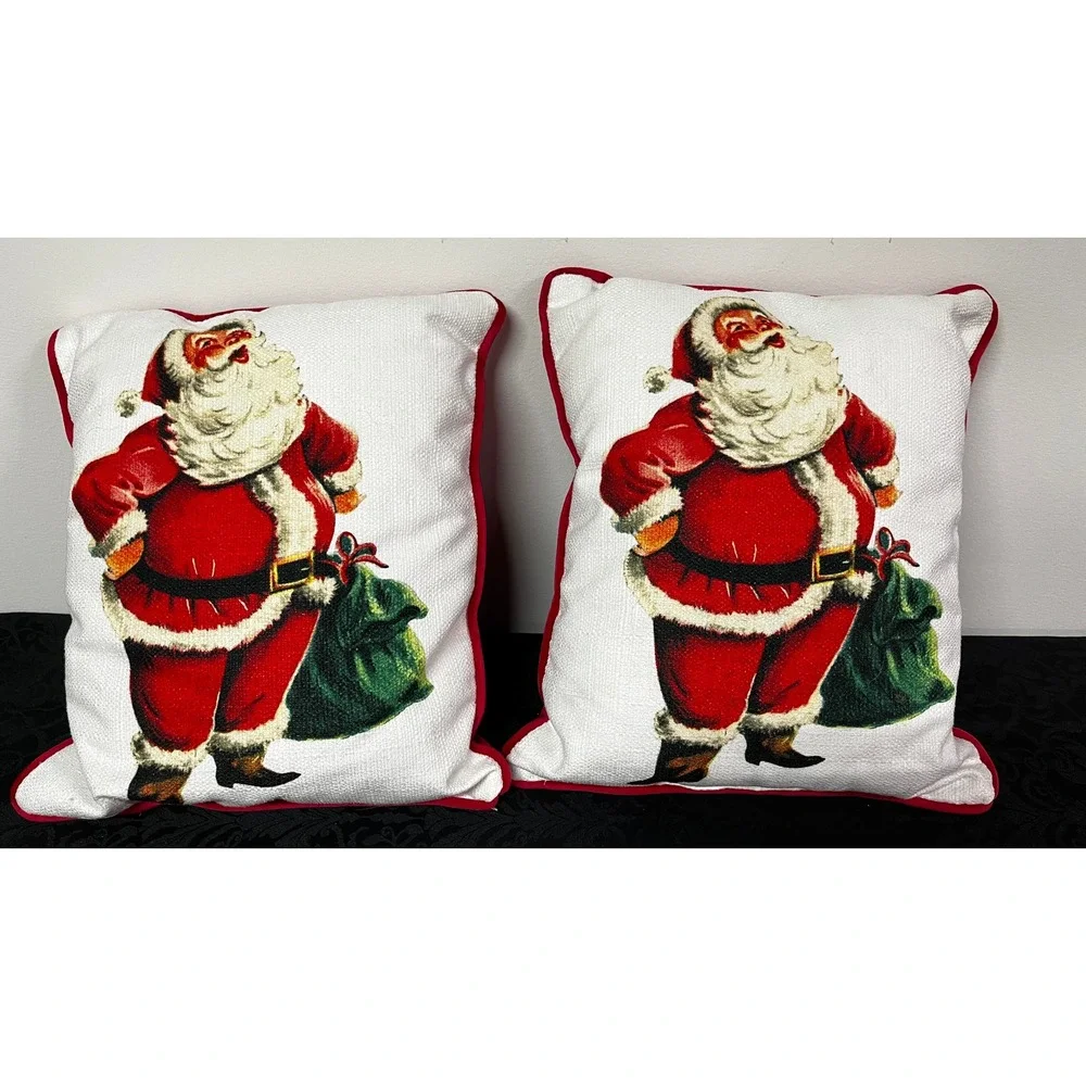 Vtg Style Santa Claus Christmas Throw Pillows Set of 2 Red Velvet Back 16x14 in